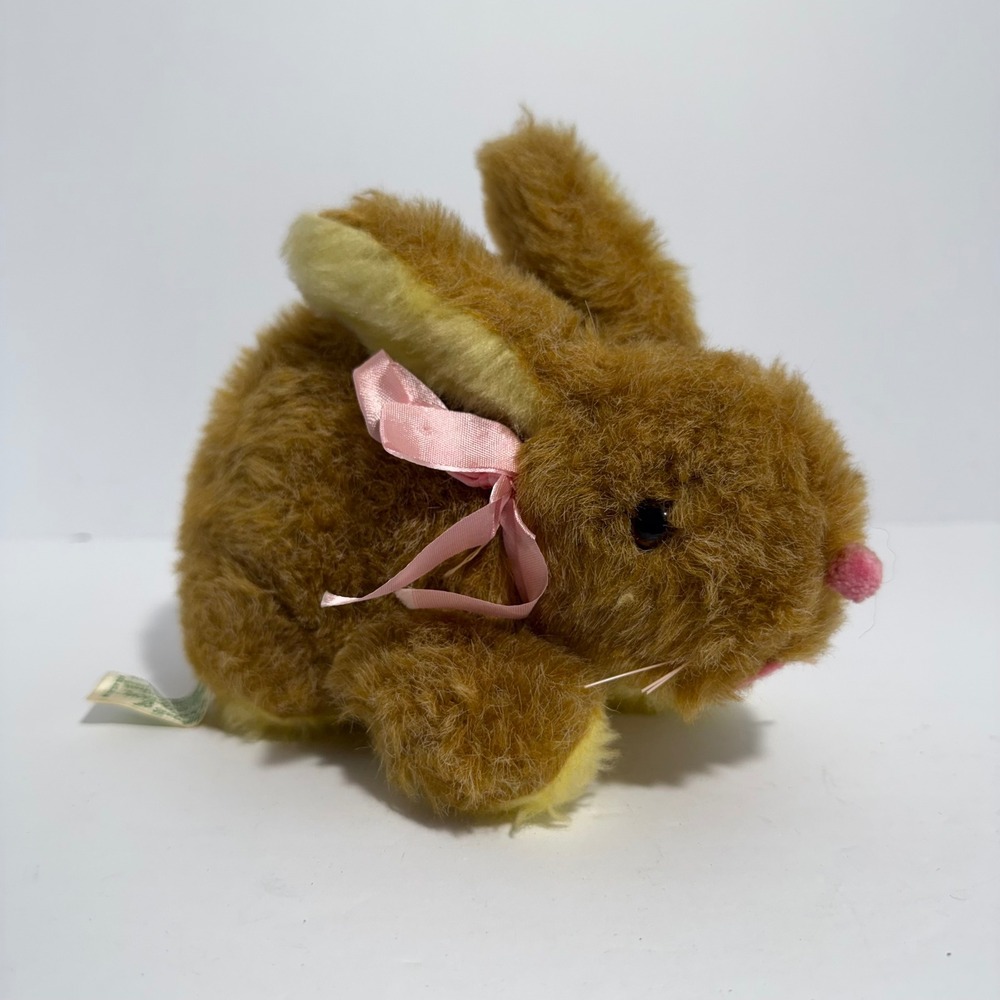 Vintage Knickerbocker Brown Plush Bunny Rabbit Pink Bow 8"